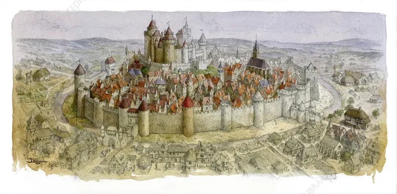 A dense medieval city enclosed by high stone walls — the "castle" model of community.