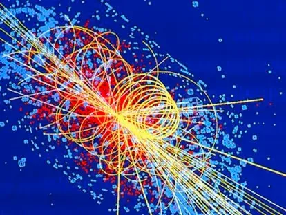 Particle-collision tracks spraying out from a central impact — the "collider" model of community.